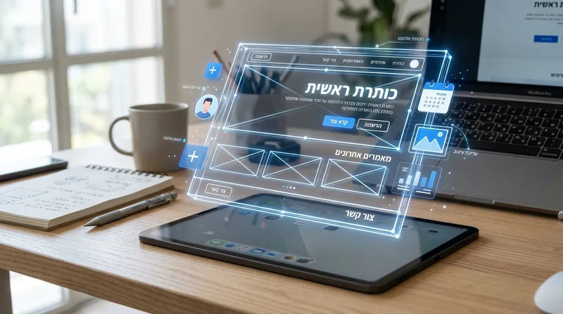 ממשק אתר אינטרנט תלת מימדי זוהר צף מעל טאבלט, הממחיש עיצוב ממשק וחווית משתמש (UI/UX) מתקדמים לבניית אתרים