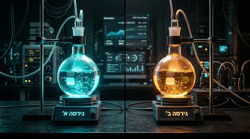 שני בקבוקי מעבדה עם נוזל כחול וכתום זוהר, הממחישים בדיקת A/B בין גירסה א' לגירסה ב'.