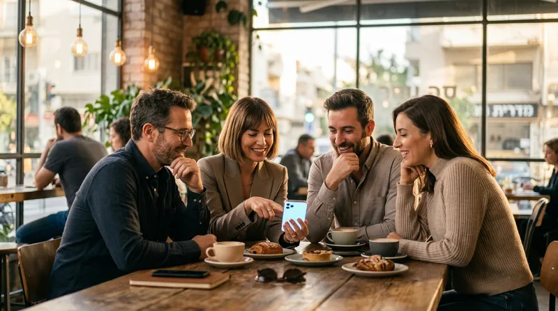 קבוצת חברים יושבים בבית קפה מודרני ומואר, מסתכלים יחד על סמארטפון ומחייכים, עם קפה ומאפים על השולחן.