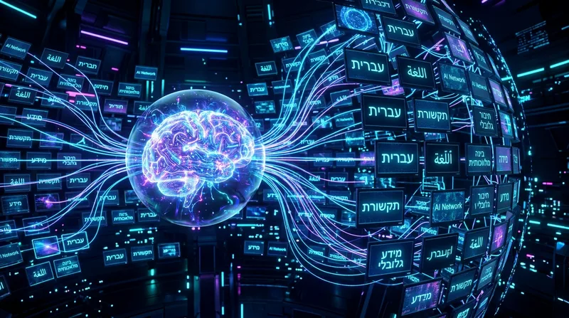 הדמיית תלת מימד של מוח בינה מלאכותית זוהר המחובר בסיבים אופטיים לרשת מסכים גלובלית המציגה מילים בעברית ובשפות שונות.
