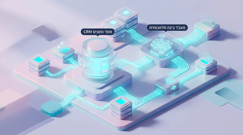 הדמיית תלת מימד המציגה ארכיטקטורת תהליכי עבודה אוטומטיים, הכוללת מסד נתונים CRM ומעבד בינה מלאכותית המחוברים בקווי נתונים זוהרים.
