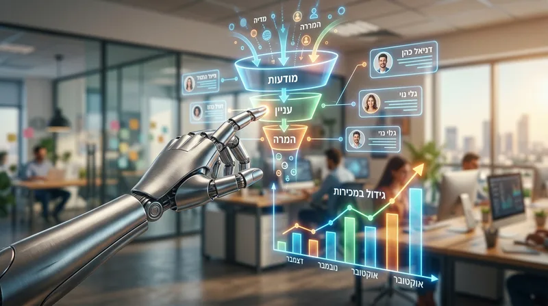 יד רובוטית המדגימה שימוש בבינה מלאכותית לניהול משפך שיווקי, פרופילי לקוחות וגרף גידול במכירות מתקדם.