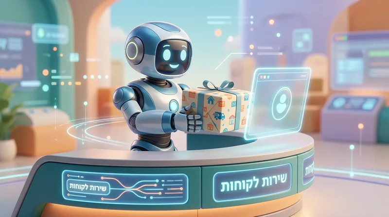 רובוט וירטואלי חכם המגיש חבילה בעמדת שירות לקוחות דיגיטלית של חנות אינטרנטית