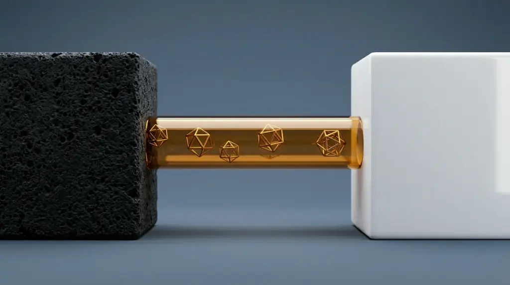 איור קונספטואלי המייצג אינטגרציית API וחוזה דיגיטלי, בו חבילות נתונים גיאומטריות מזהב עוברות בצינור זכוכית המחבר בין שתי סביבות מנוגדות