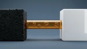 איור קונספטואלי המייצג אינטגרציית API וחוזה דיגיטלי, בו חבילות נתונים גיאומטריות מזהב עוברות בצינור זכוכית המחבר בין שתי סביבות מנוגדות