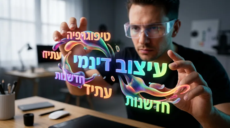 מעצב עם משקפי מציאות רבודה מתפעל טיפוגרפיה תלת מימדית מרחפת וזוהרת בעברית בסביבת סטודיו מודרנית