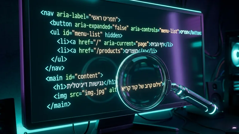 זכוכית מגדלת בוחנת קוד HTML מואר עם תגיות נגישות ARIA בעברית על מסך מחשב