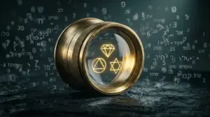 זכוכית מגדלת של תכשיטנים הממקדת סמלים מוזהבים וברורים מתוך רקע של נתונים ואותיות עבריות מרחפות