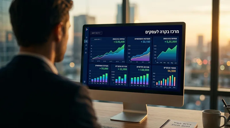 איש עסקים מתבונן במסך מחשב המציג דאשבורד אנליטיקה וגרפים של צמיחה עסקית במשרד מודרני