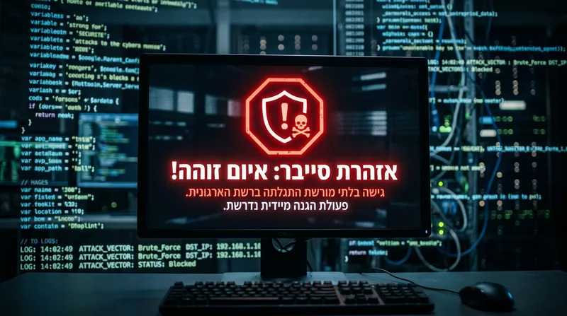 מסך מחשב המציג הודעת אזהרת סייבר ואיום זוהה בצבע אדום, על רקע שורות קוד מחשב