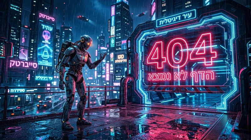רובוט עתידני עומד מול שלט ניאון המציג שגיאה 404 הדף לא נמצא בעיר סייברפאנק גשומה