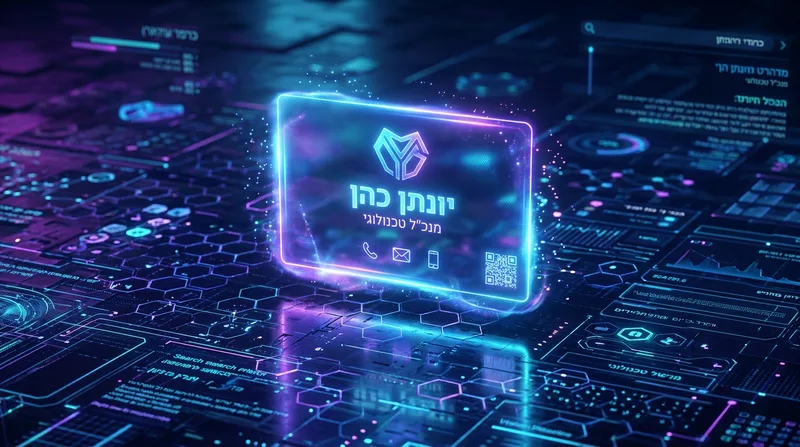 כרטיס ביקור דיגיטלי הולוגרפי זוהר בצבעי ניאון מרחף מעל ממשק טכנולוגי עתידני
