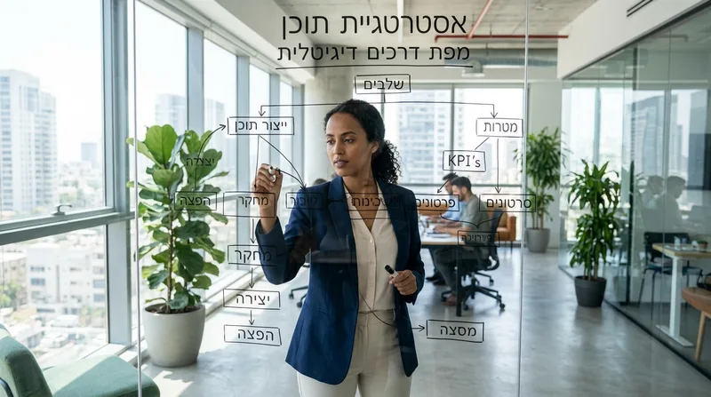 מומחית אסטרטגיית תוכן בונה מפת דרכים דיגיטלית על לוח זכוכית במשרד