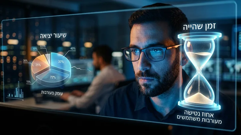 איש שיווק דיגיטלי מנתח נתוני מעורבות משתמשים, אחוז נטישה וזמן שהייה על מסך הולוגרפי עתידני
