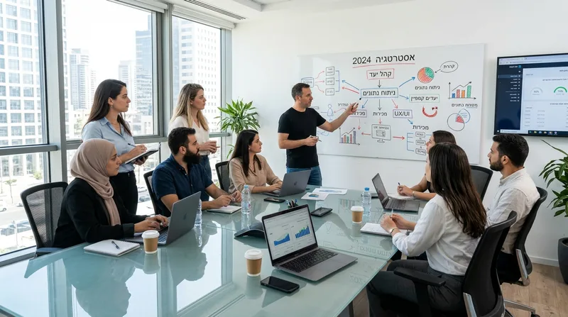 צוות מגוון של אנשי שיווק והייטק בישיבת סיעור מוחות סביב שולחן זכוכית בחדר ישיבות מודרני, מנתחים אסטרטגיה על לוח מחיק