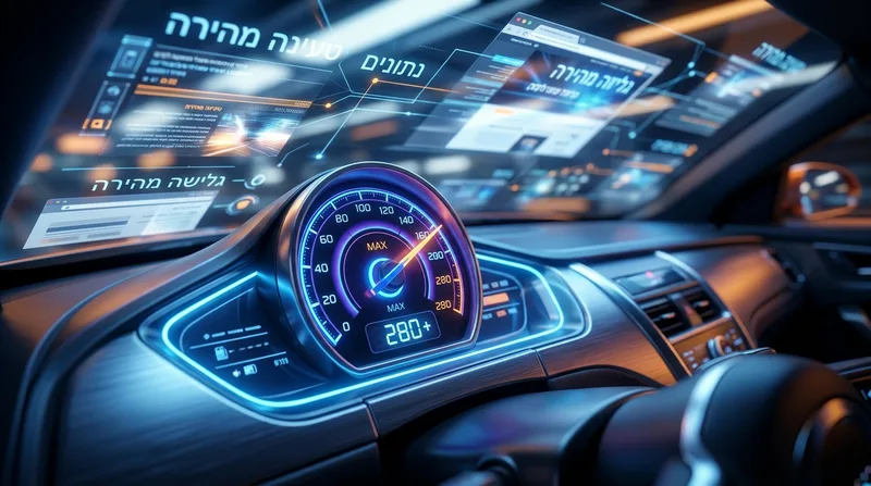 מד מהירות דיגיטלי עתידני ברכב המציג מהירות מקסימלית, עם מסכי הולוגרמה הממחישים טעינה מהירה וגלישה מהירה באינטרנט