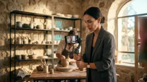 בעלת עסק מצלמת סרטון וידאו של עבודת קדרות באמצעות סמארטפון על גימבל בסדנה מוארת