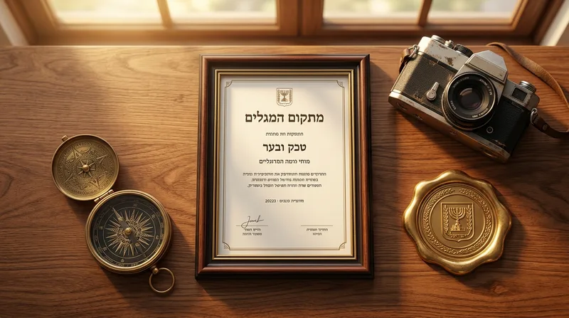 צילום עילי של שולחן עץ הכולל תעודה ממוסגרת עם סמל המדינה, מצלמת וינטג', מצפן נחושת וחותם אישור מזהב, המשדרים מקצועיות ואמינות.