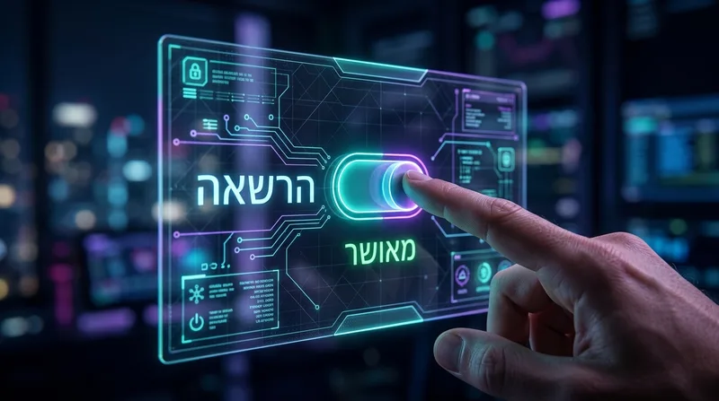 אצבע אנושית לוחצת על מתג בממשק דיגיטלי הולוגרפי למתן הרשאה ואישור בסגנון עתידני