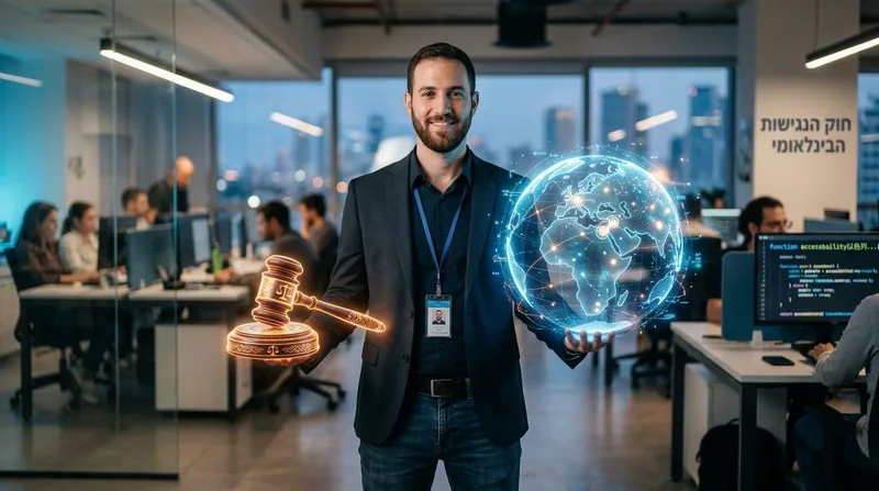מפתח אתרים במשרד הייטק מחזיק גלובוס דיגיטלי ופטיש שופט מואר, המייצגים חוקי נגישות אתרים בינלאומיים.