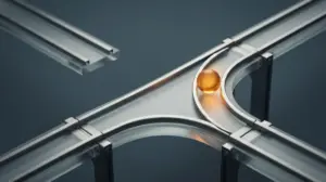 כדור ענבר זוהר מנותב מחדש על גבי מסלול מתכת וזכוכית מעוקל, עוקף נתיב שבור.