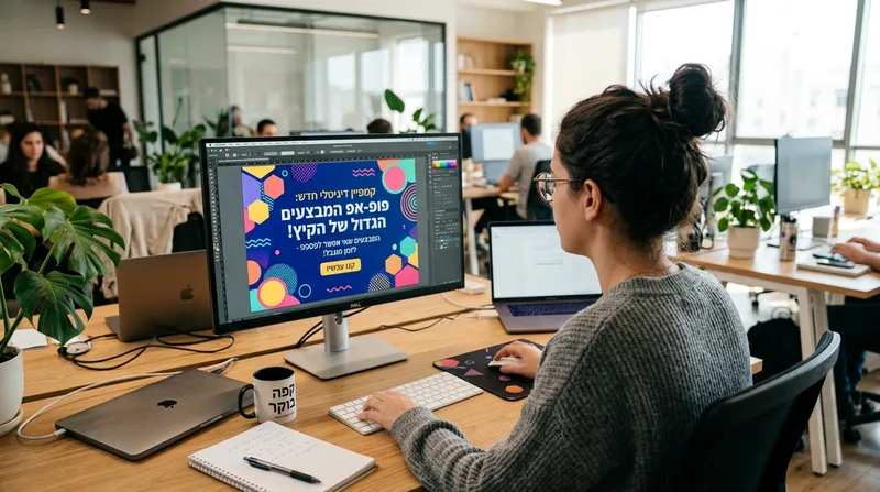 מעצבת גרפית עובדת על קמפיין שיווק דיגיטלי צבעוני במסך מחשב במשרד הייטק מואר