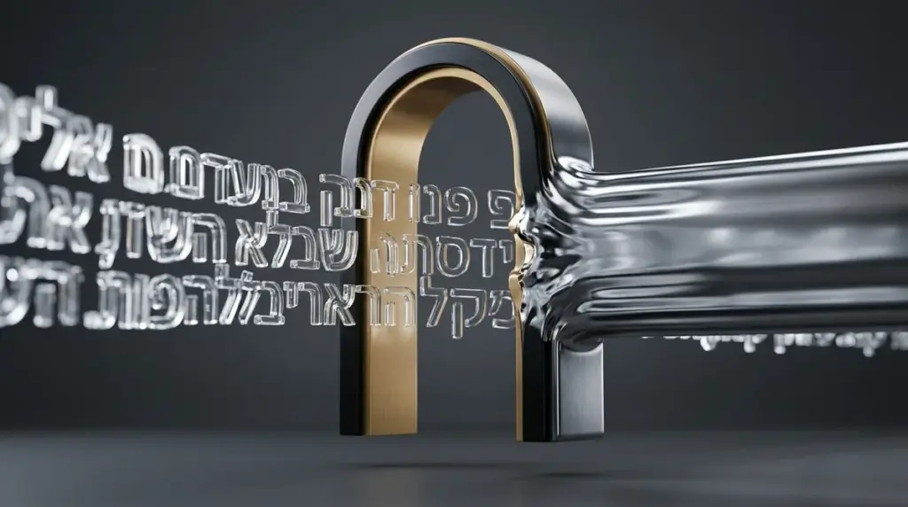 אילוסטרציה תלת-ממדית הממחישה הצפנת נתונים: אותיות זכוכית שבירות בעברית העוברות דרך קשת והופכות לקרן כרום מוצקה ומאובטחת.