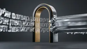 אילוסטרציה תלת-ממדית הממחישה הצפנת נתונים: אותיות זכוכית שבירות בעברית העוברות דרך קשת והופכות לקרן כרום מוצקה ומאובטחת.