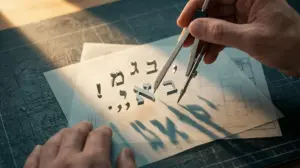תקריב של ידיים משתמשות במחוגת שרטוט כדי לסדר ולדייק אותיות עבריות וסימני פיסוק המרחפים בתלת-ממד על שולחן עבודה, המסמל דיוק בעריכת שפה וטקסט.