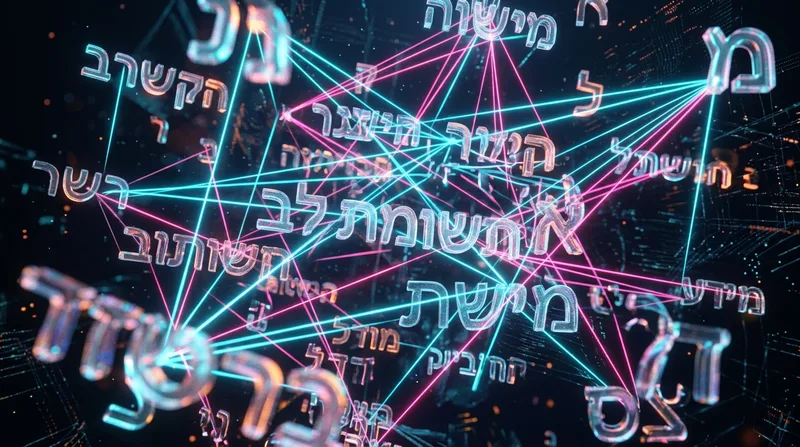 מילים ואותיות בעברית בתלת-ממד מרחפות ומחוברות בקרני ניאון זוהרות המייצגות רשת עצבית ובינה מלאכותית