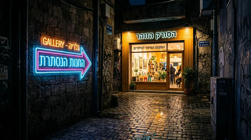 שלט ניאון מואר עם הכיתוב החנות הנסתרת המצביע אל חנות בוטיק מודרנית בסמטה עירונית חשוכה ורטובה