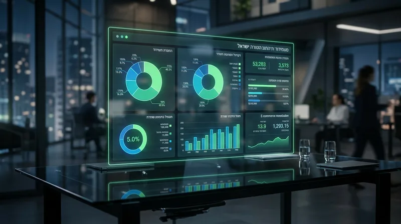 לוח מחוונים הולוגרפי לאנליטיקה עסקית המציג נתונים וגרפים מוארים על שולחן זכוכית במשרד עתידני