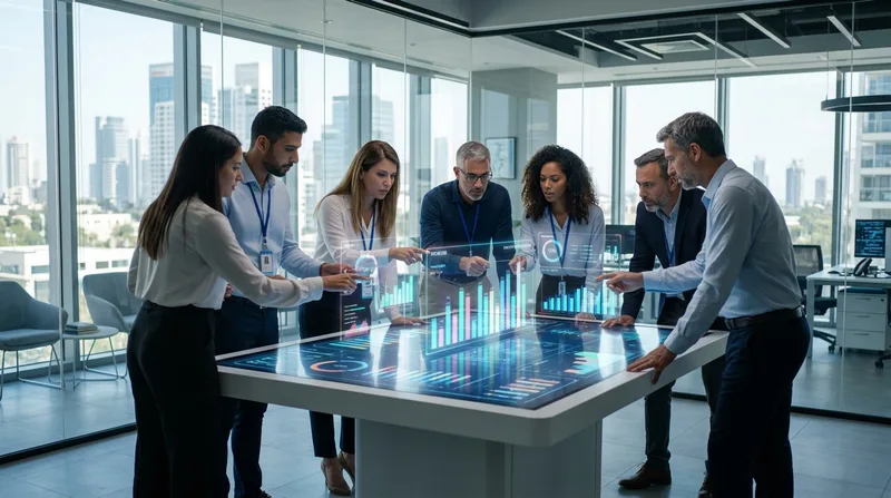 צוות מגוון של אנליסטים עסקיים מנתחים נתונים על שולחן הולוגרפי במשרד מודרני