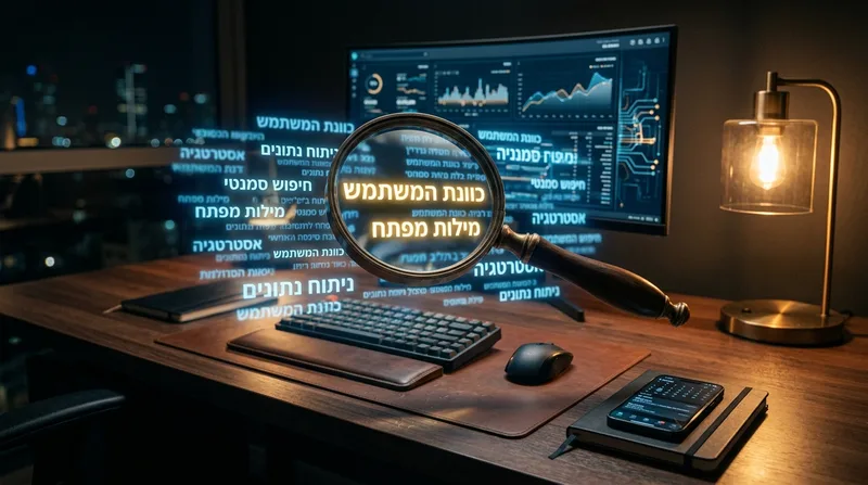זכוכית מגדלת וירטואלית מדגישה את הביטויים כוונת המשתמש ומילות מפתח מתוך טקסט הולוגרפי צף על שולחן עבודה טכנולוגי.