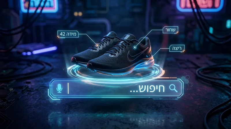 תצוגה הולוגרפית של שורת חיפוש חכמה המציגה נעלי ריצה שחורות מרחפות עם תגיות מידע מפורטות בעברית.