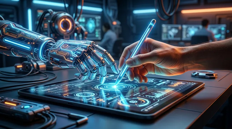 יד רובוטית ויד אנושית פועלות יחד עם עט מגע מואר על מסך טאבלט דיגיטלי עתידני בסביבת עבודה מתקדמת