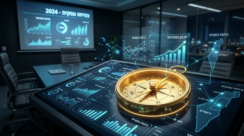 מצפן זהב זוהר על מסך דיגיטלי המציג נתונים אסטרטגיים, תרשימים הולוגרפיים ומפת ישראל בחדר ישיבות מודרני