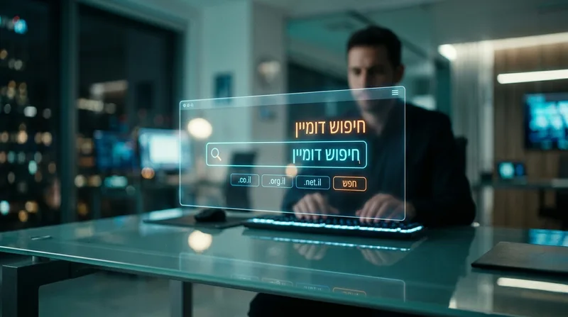 מסך הולוגרפי עתידני המציג ממשק חיפוש דומיין ישראלי במשרד הייטק מודרני