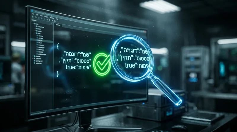 זכוכית מגדלת טכנולוגית וזוהרת מרחפת מעל שורות קוד JSON בעברית על מסך מחשב עתידני, לצד סימון וי ירוק המעיד על אימות מוצלח.