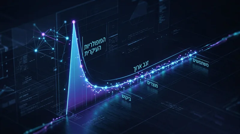גרף תלת מימדי מואר בסגנון הייטק המציג את מודל הזנב הארוך עם כיתוב בעברית, הממחיש מעבר מפופולריות עיקרית לביקוש נישתי