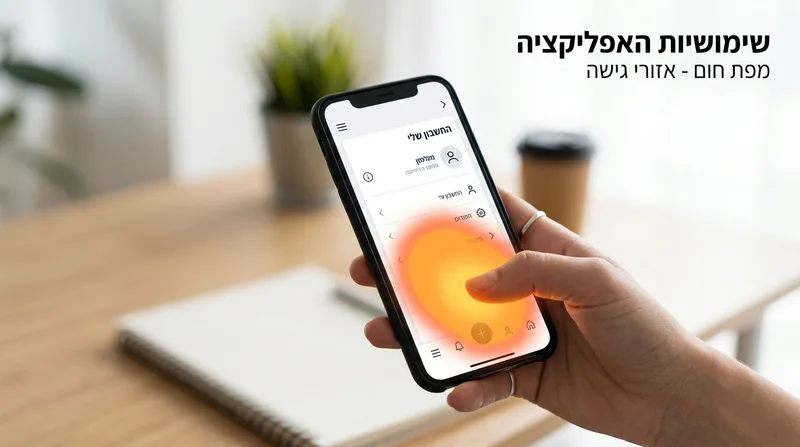 תקריב של יד מחזיקה סמארטפון המציג מפת חום של אזור האגודל לניתוח חוויית משתמש ושימושיות באפליקציה