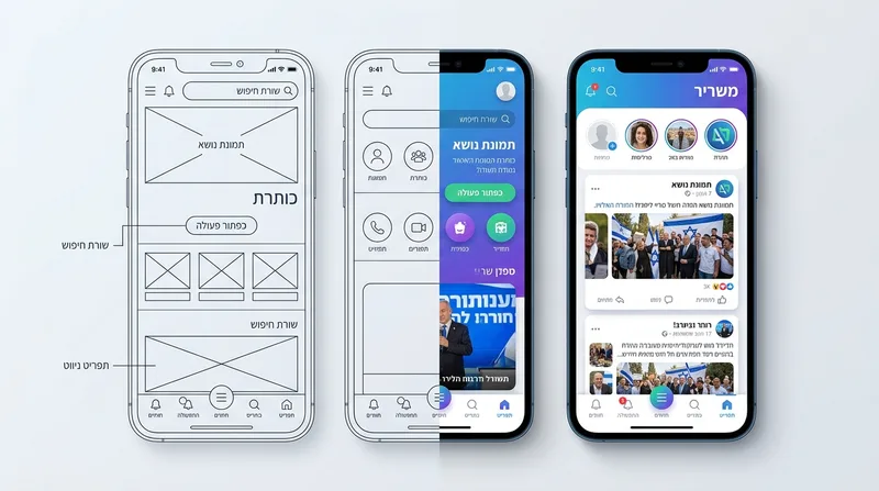 השוואה בין אפיון חווית משתמש (UX) לעיצוב ממשק משתמש (UI) באפליקציה למובייל, המציגה מעבר משרטוט סכמטי למסך צבעוני ומוגמר
