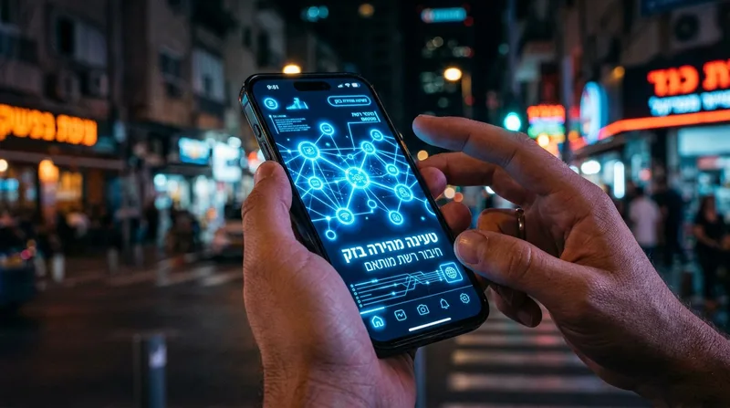 אדם מחזיק סמארטפון המציג מסך עם צומתי רשת כחולים והכיתוב טעינה מהירה בזק על רקע עירוני מטושטש