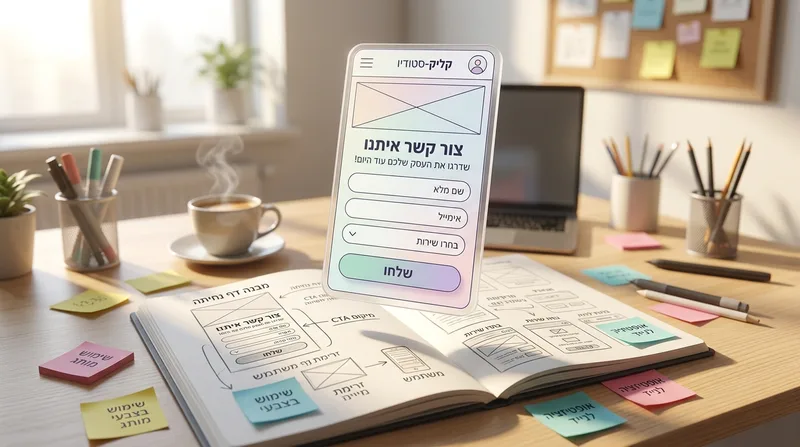 סקיצת ממשק משתמש (UI/UX) של דף נחיתה למובייל עם טופס צור קשר מרחפת מעל מחברת שרטוטים על שולחן עבודה