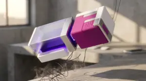 בלוקים מודולריים צפים ומתחברים באוויר הממחישים בניית אתרים ללא קוד, בזמן שחוטי קוד מסובכים מתפוררים לאבק תחתיהם