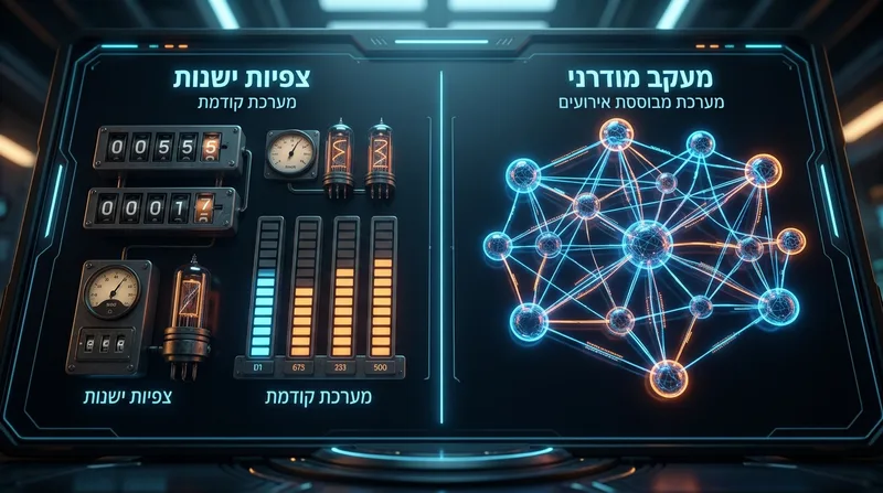 מסך מפוצל עתידני המציג השוואה בין מדידת צפיות מיושנת בעזרת מונים אנלוגיים למערכת מעקב מודרנית מבוססת אירועים.