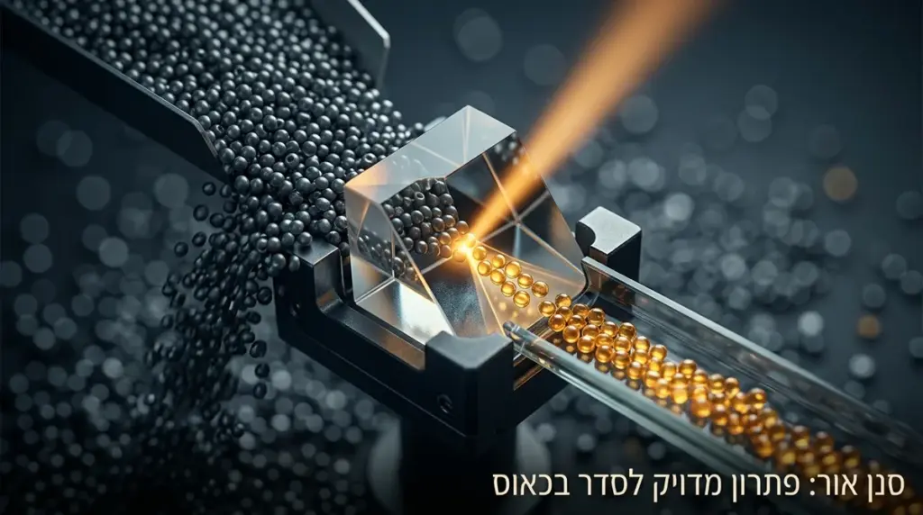 תקריב של פריזמה אופטית מתקדמת המסננת חרוזים מוזהבים מתוך זרם של חרוזים כהים באמצעות קרן אור ממוקדת, הממחיש חילוץ מידע מדויק וסדר בכאוס.