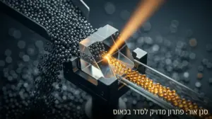 תקריב של פריזמה אופטית מתקדמת המסננת חרוזים מוזהבים מתוך זרם של חרוזים כהים באמצעות קרן אור ממוקדת, הממחיש חילוץ מידע מדויק וסדר בכאוס.