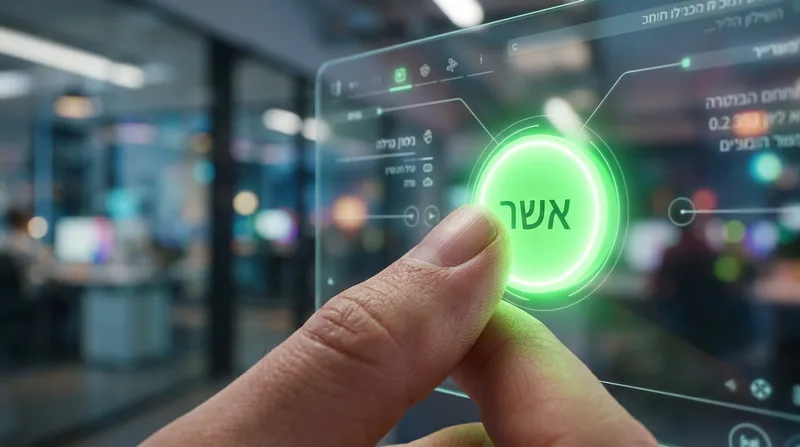 אצבע לוחצת על כפתור אשר ירוק וזוהר על מסך דיגיטלי הולוגרפי עתידני