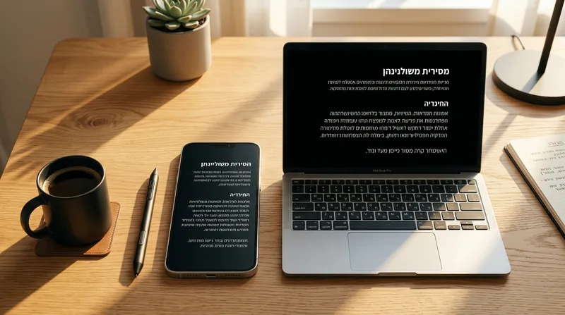 סמארטפון ומחשב נייד מציגים עיצוב רספונסיבי זהה על שולחן עבודה מעץ